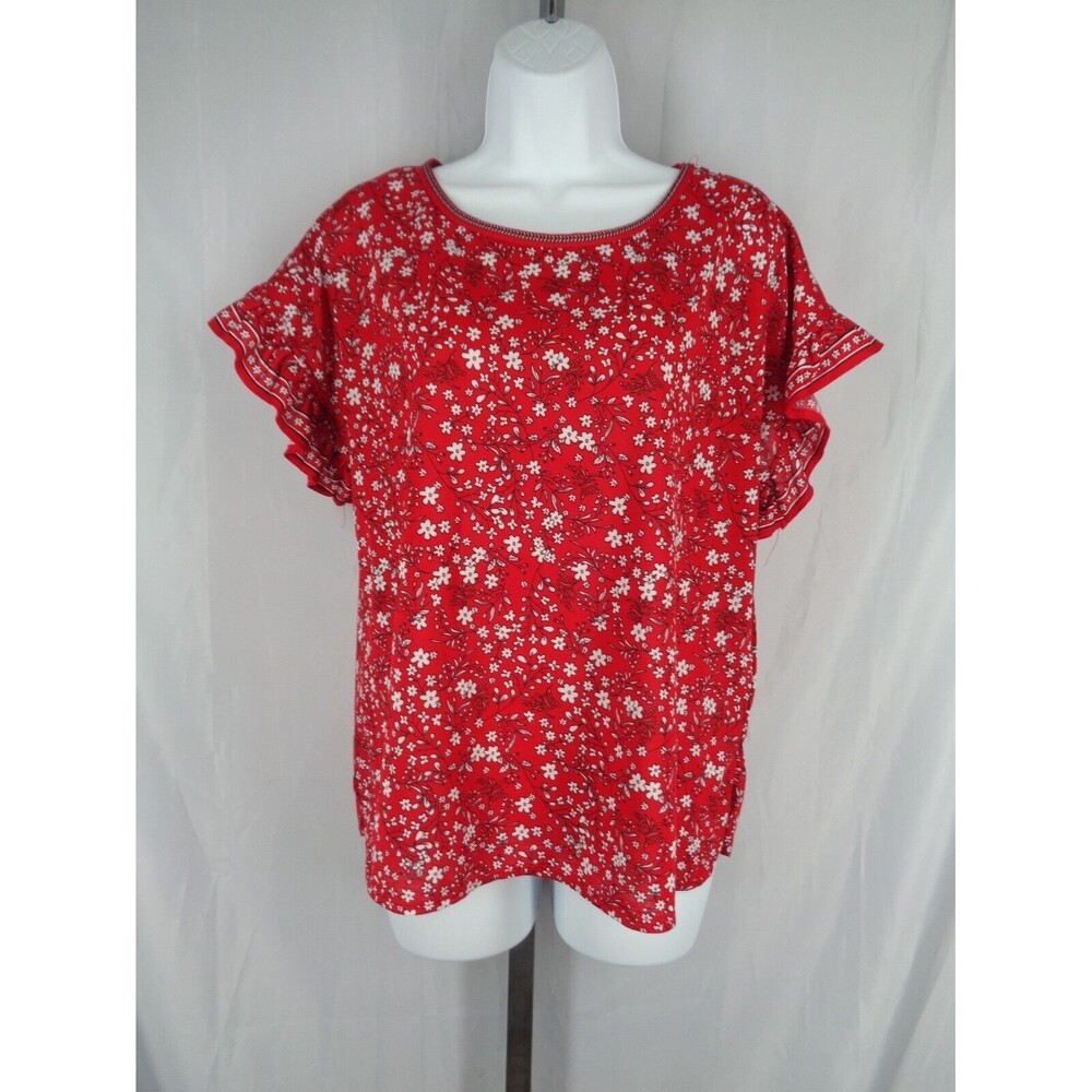 Max Studio Red Floral Flutter Sleeve Top Blouse Size XS New